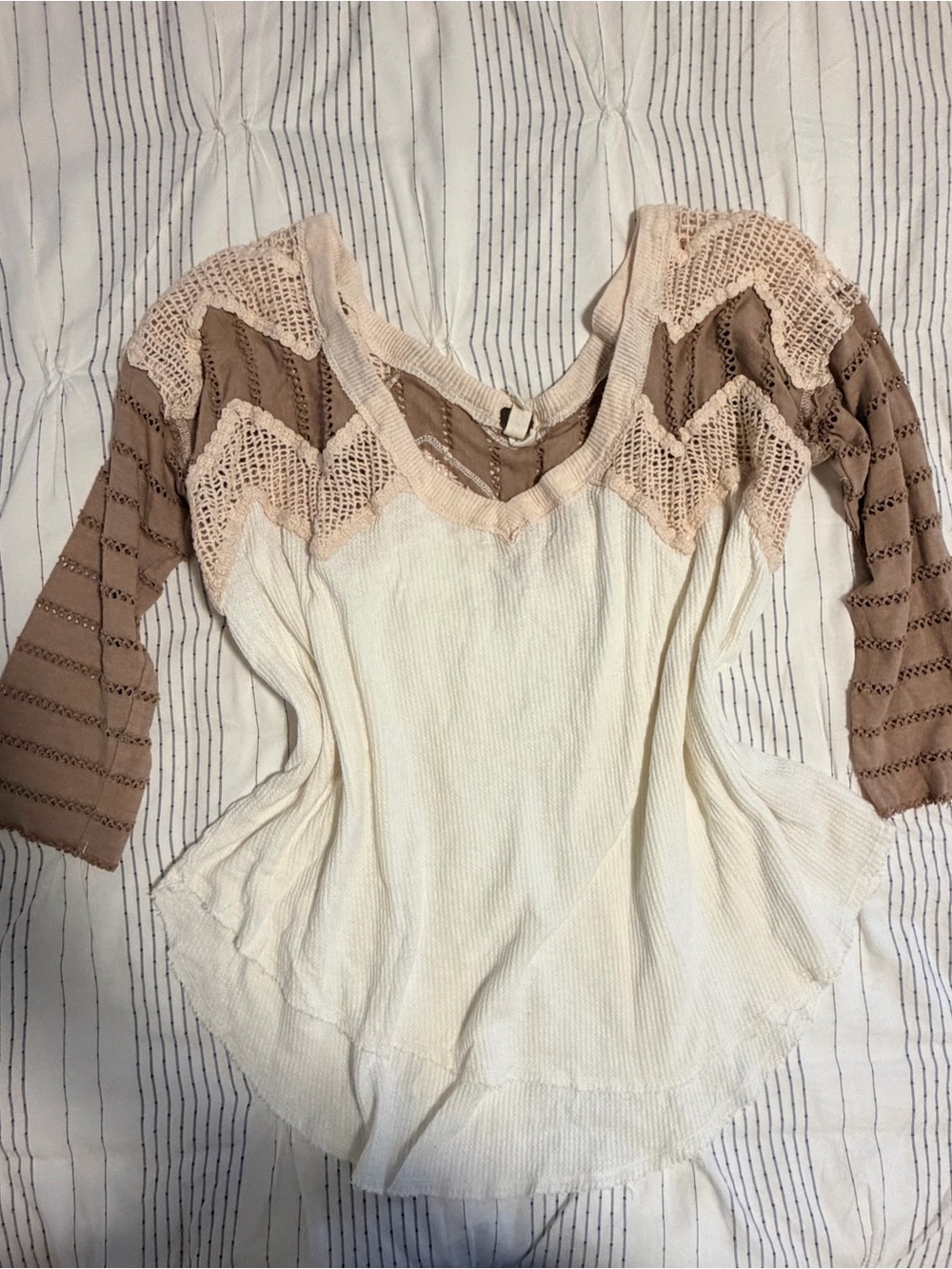 Free People Cream Ribbed 3/4 Sleeve Tee with Taupe Crochet Yoke